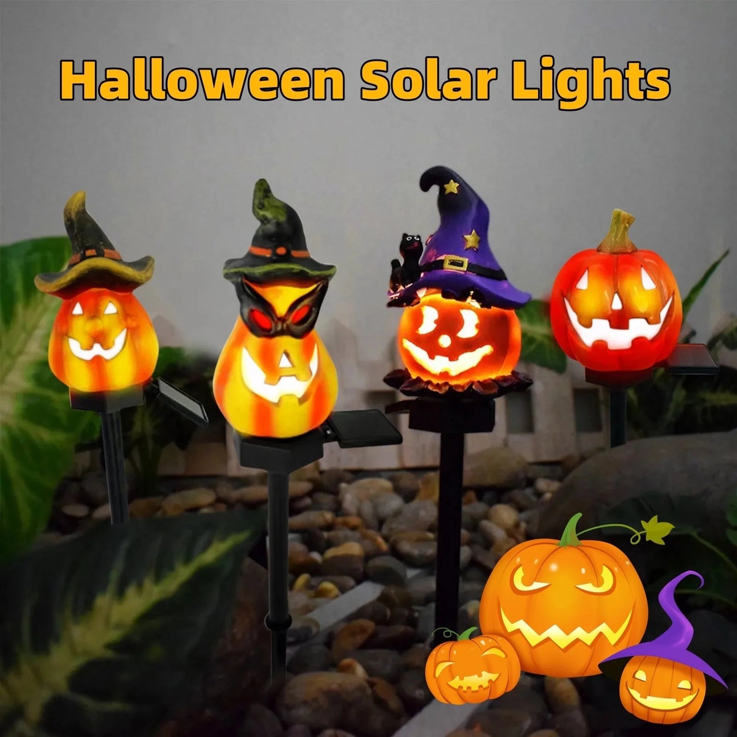 Solar-powered Halloween pumpkin lanterns lighting up a garden at night