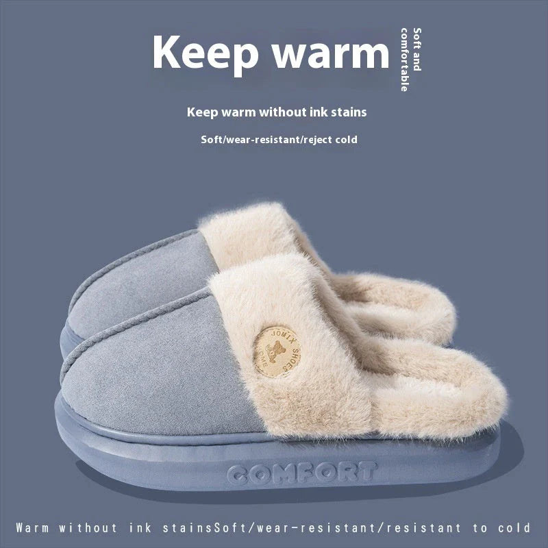 Cozy fleece-lined slippers in various colors, featuring a plush lining and non-slip PVC sole for indoor and outdoor wear
