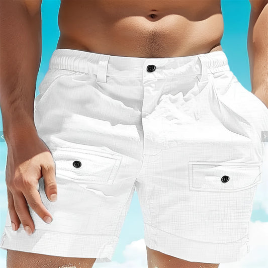 Men's linen beach shorts with elastic waistband and button pockets in khaki colour