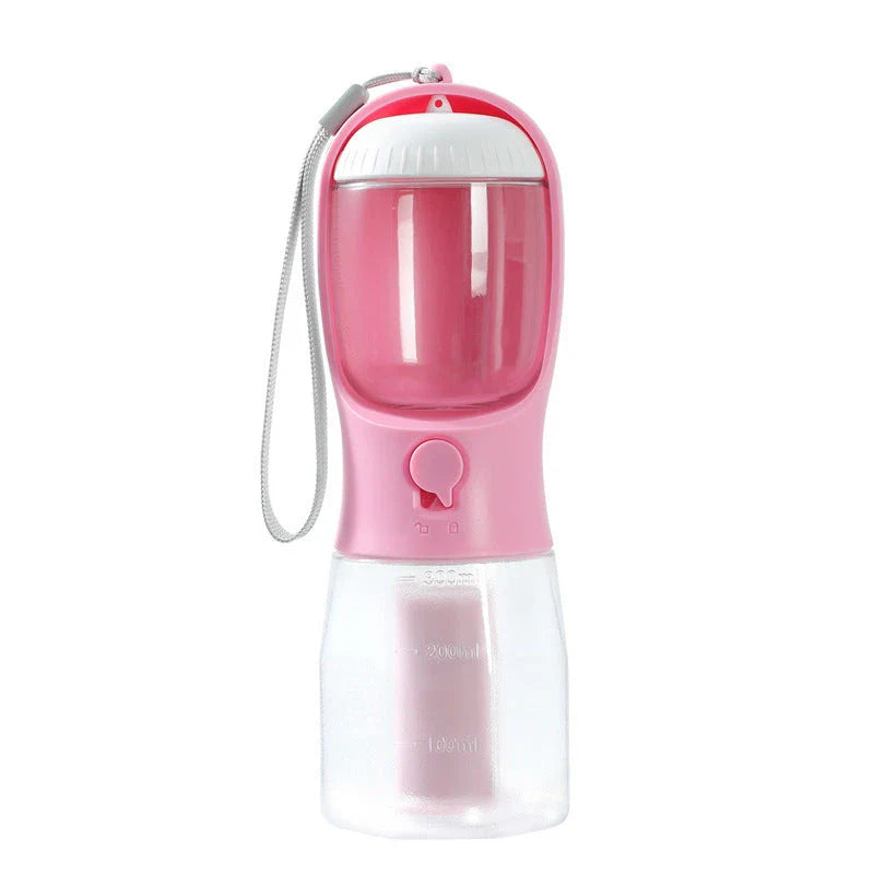 Versatile 3-in-1 pet water bottle with integrated water dispenser, food container, and waste bag compartment