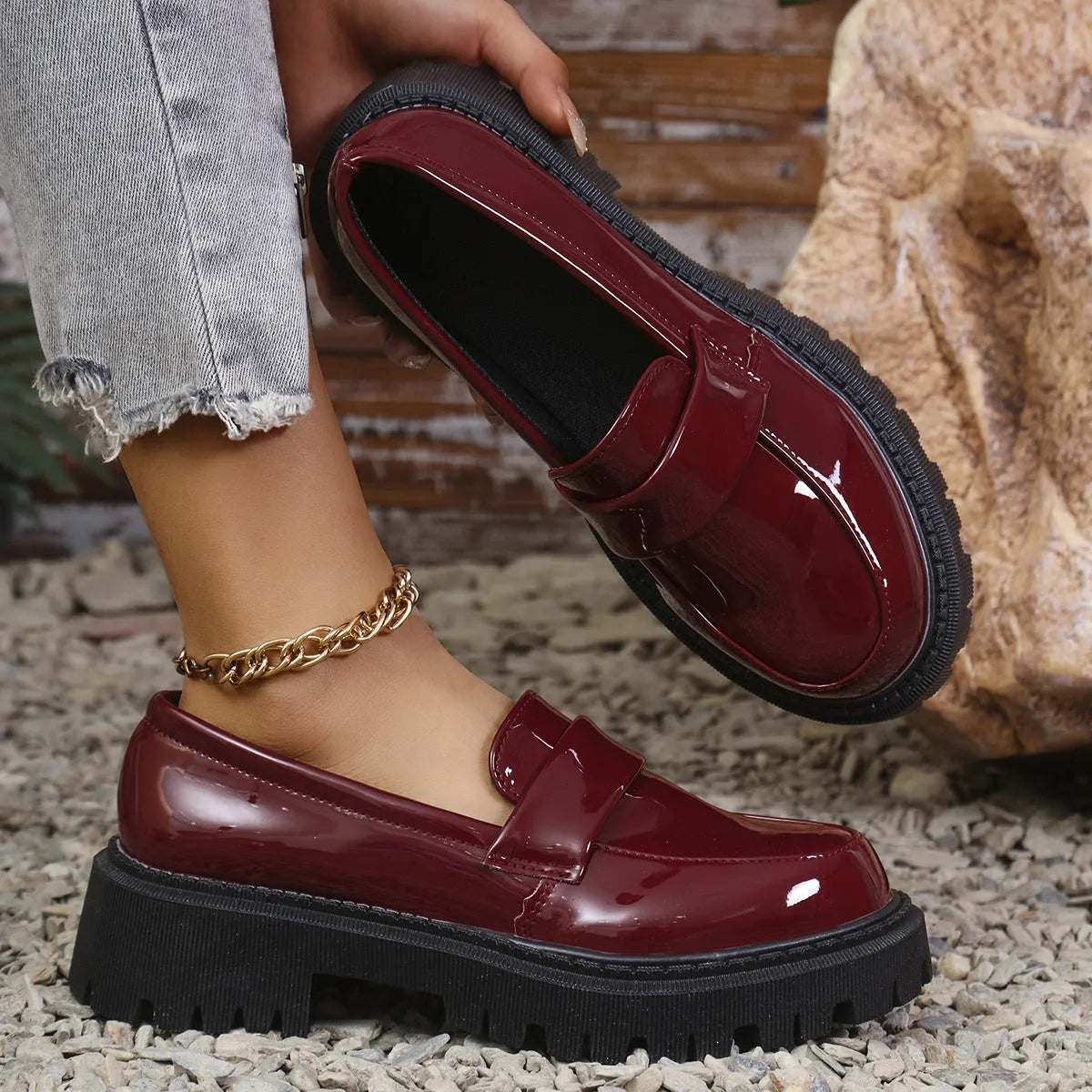 Plus size slip-on loafers with chunky platform heel in black, wine red, or green, showing rubber sole and middle top design.