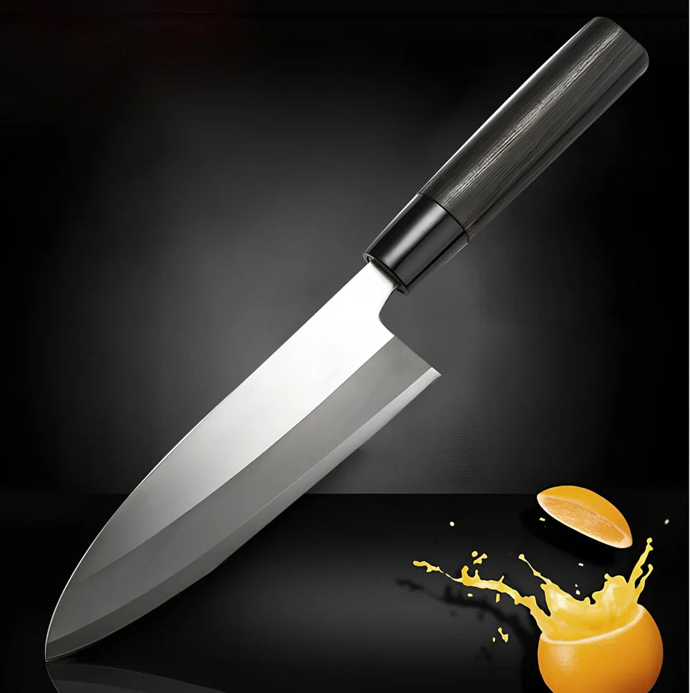 Stainless steel kitchen knife with 193mm blade, 62° point angle, and chestnut handle