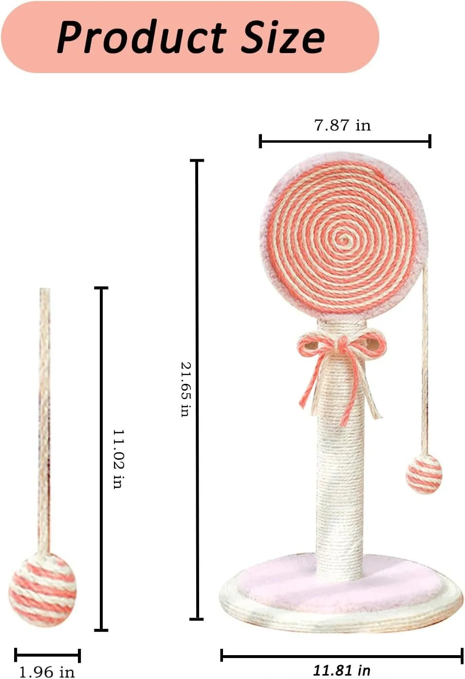 Blue cat scratching post with sisal rope and a hanging ball on a sturdy wooden base.