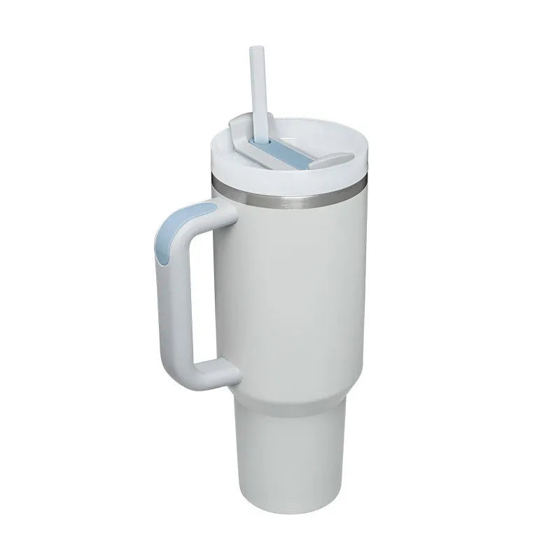 40 oz stainless steel insulated tumbler with handle and straw in tapered mug design