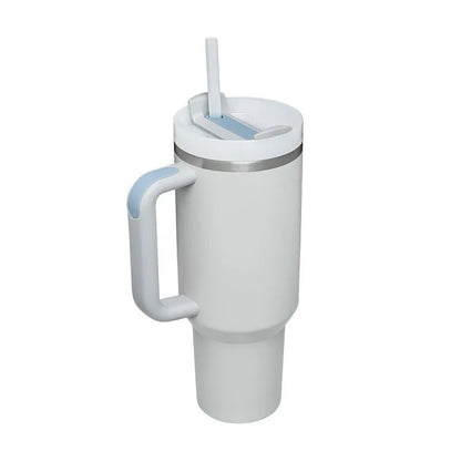 40 oz stainless steel insulated tumbler with handle and straw in tapered mug design