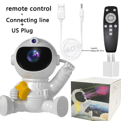 Astronaut-shaped projection lamp with starry display showing seven colour options and remote control