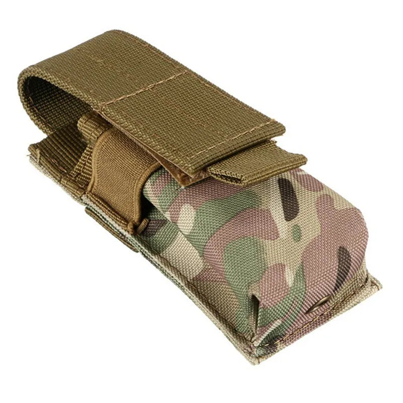 Black MOLLE tactical pouch with elastic cord closure, shown mounted on a belt, dimensions 14x5.5x4cm.