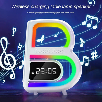 B-shaped Bluetooth speaker with wireless charging, adjustable lighting, and alarm clock functionality