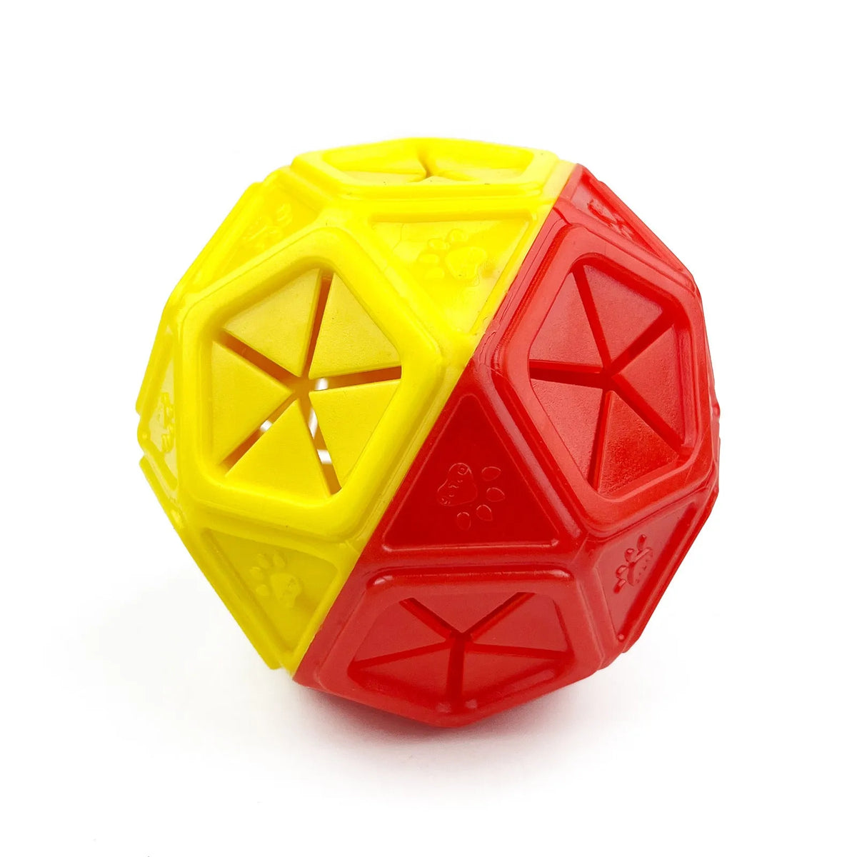 Chew-resistant dog puzzle feeder ball in red colour designed for interactive food dispensing