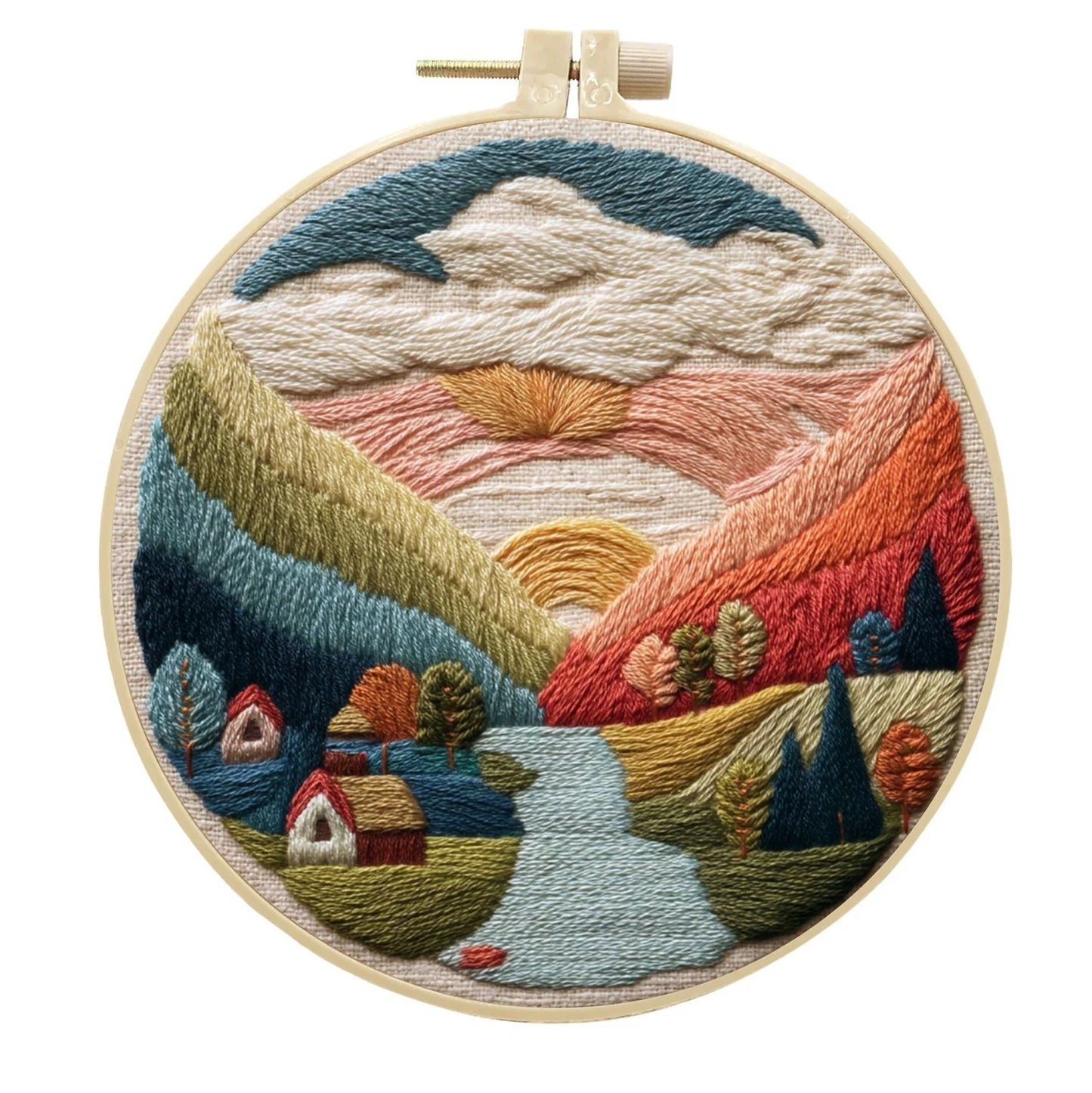 Embroidery DIY landscape kit with bamboo frame, printed fabric, thread, and needles for textile art