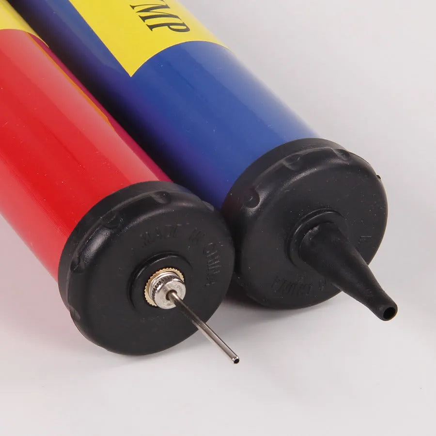 Manual plastic pump for inflating sports balls and balloons, shown in mixed colours with length options from 20-32cm