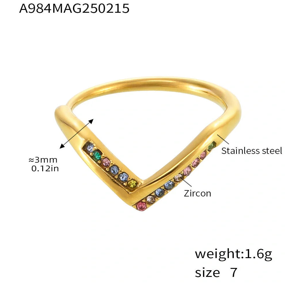 Adjustable stainless steel ring with geometric zircon stones in gold white, pink, or mixed colours