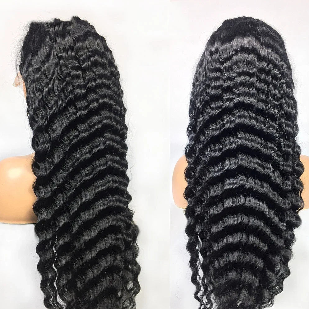 Deep wave human hair lace frontal wig showing natural hairline and wave texture