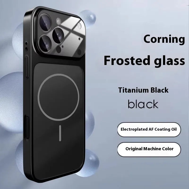 Frosted tempered glass iPhone case with magnetic ring on back, shown in titanium colour.