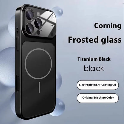Frosted tempered glass iPhone case with magnetic ring on back, shown in titanium colour.