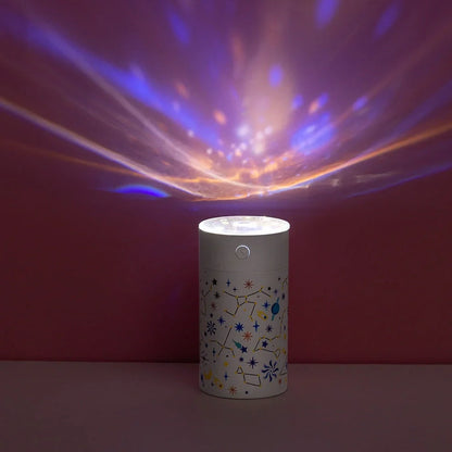 Round plastic star projector humidifier with water tank and USB cable, 67x67x125mm dimensions