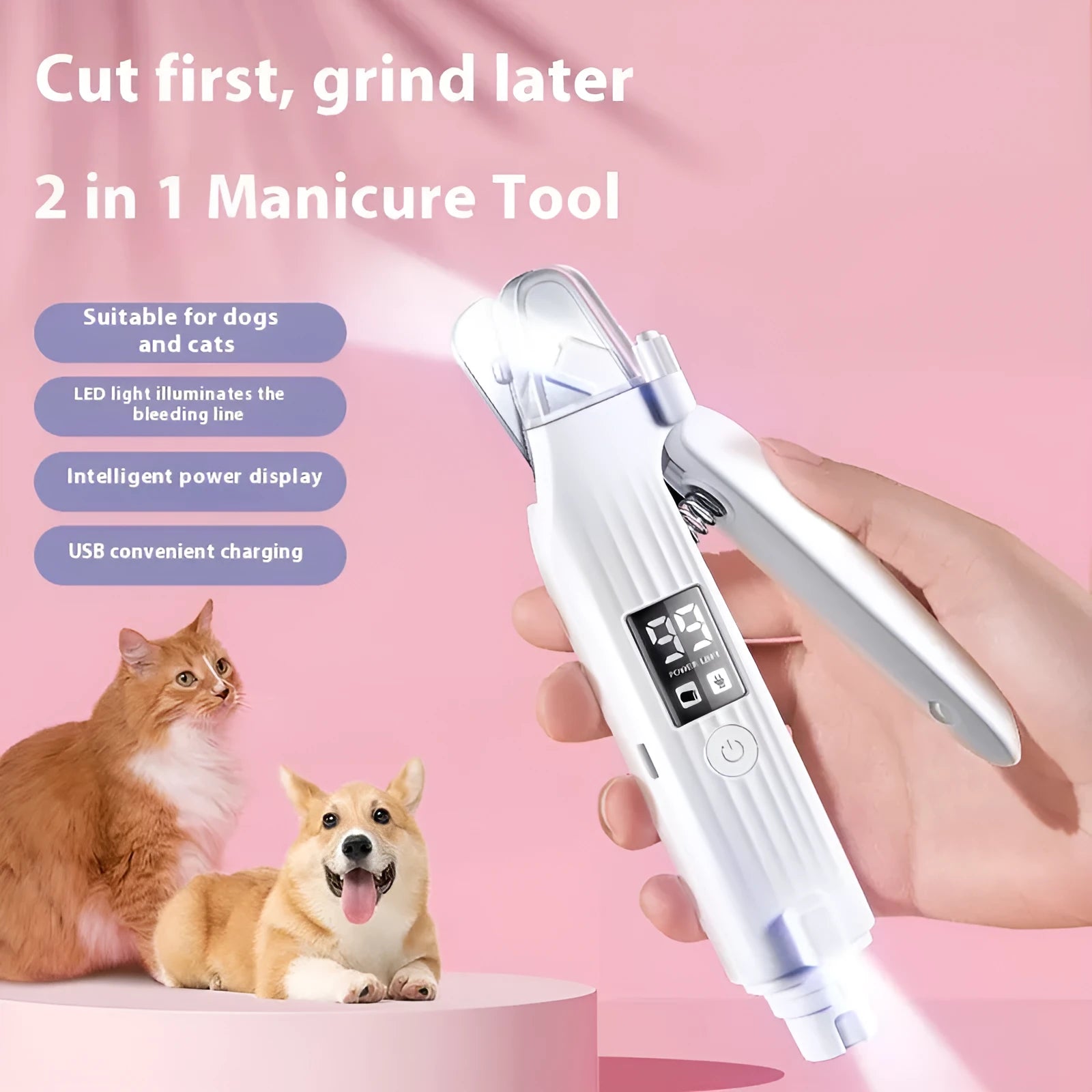 White HZ8 electric dog nail clippers and trimmer with a built-in file on a rechargeable battery.