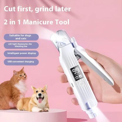 White HZ8 electric dog nail clippers and trimmer with a built-in file on a rechargeable battery.