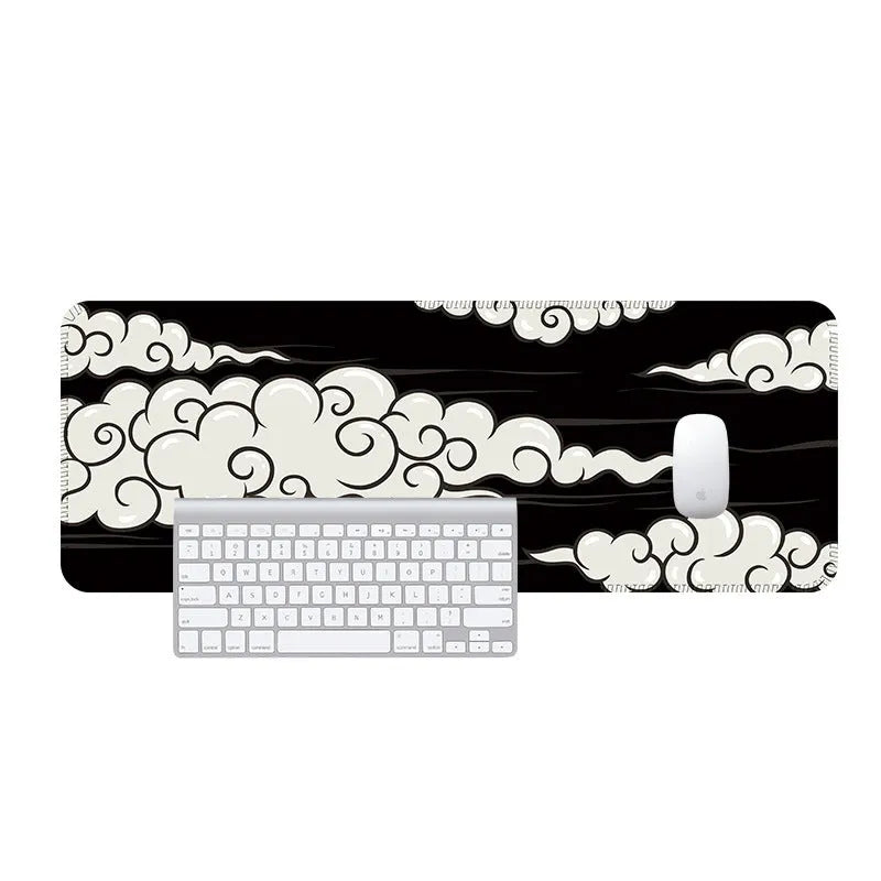 Large non-slip rubber desk mat showing Japanese style pattern on a wooden desk.