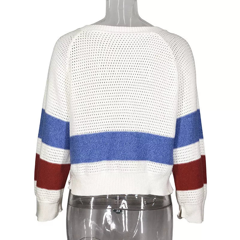 Women's white hollow-out long sleeve striped pullover sweater