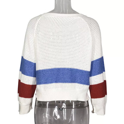 Women's white hollow-out long sleeve striped pullover sweater