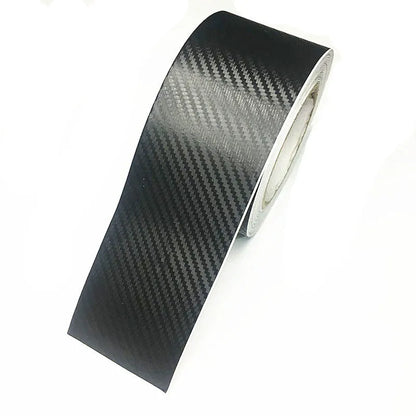 Black PET car door threshold sticker roll in 3D carbon fibre style, 3cm to 10cm wide and 1m to 5m long.