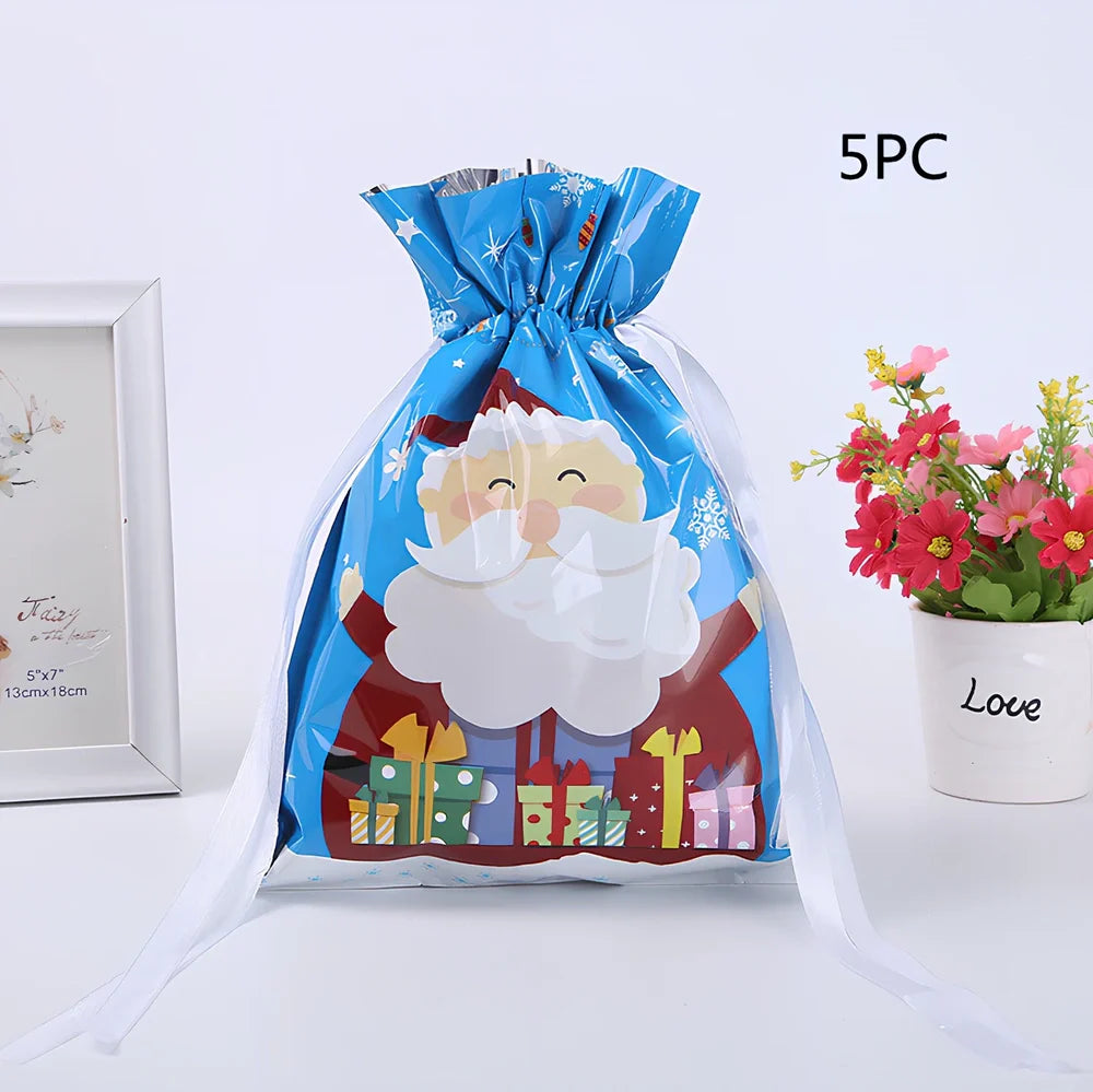 Christmas gift bag with drawstring closure in laser gold finish, 32x24cm dimensions