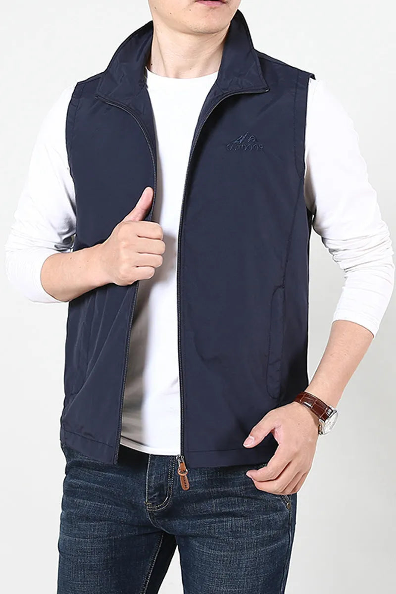 Men's loose fit spring waistcoat vest in chemical fibre blend with side pockets