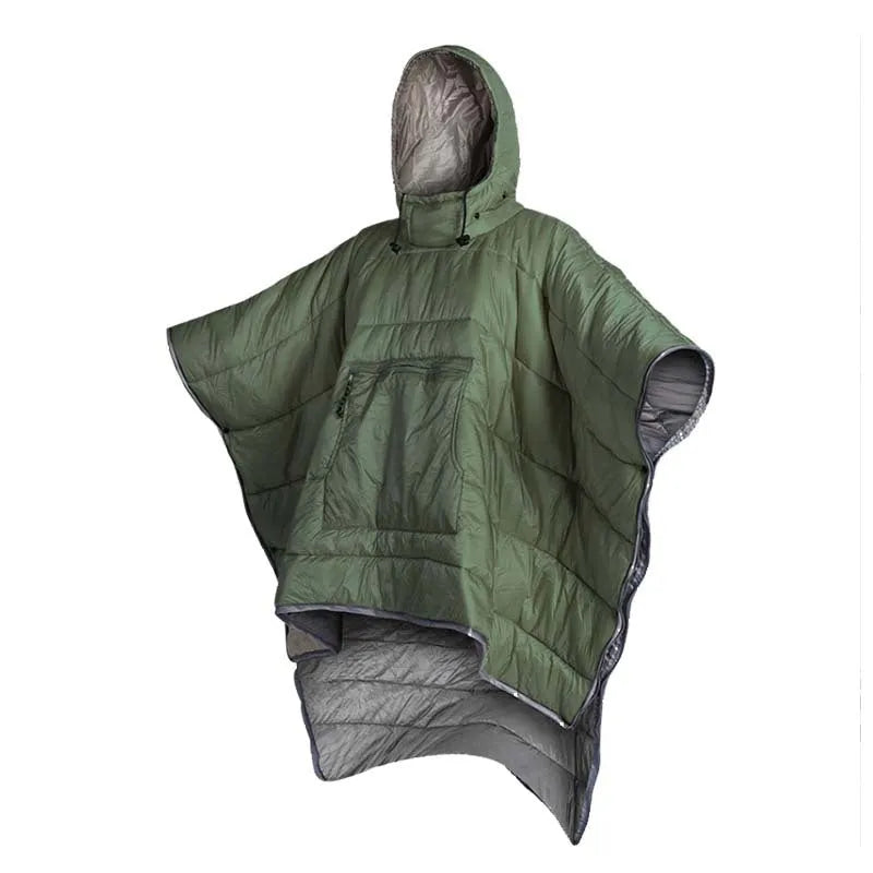 Adult outdoor cloak sleeping bag in Army Green or Grey, showing wearable design and 200x140cm dimensions
