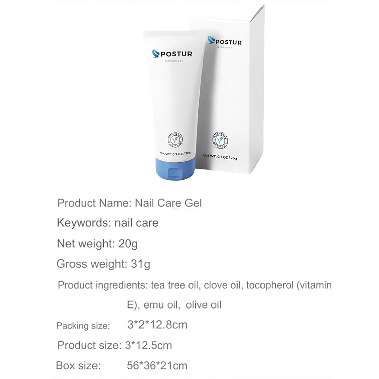 A 20g tube of nail gel care product with dimensions of 3cm by 2cm by 12.8cm.