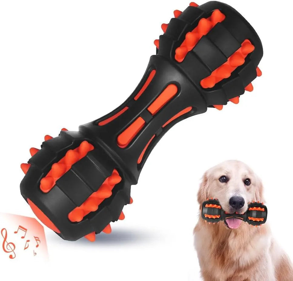Red dumbbell-shaped dog chew toy for aggressive chewers, made from natural rubber