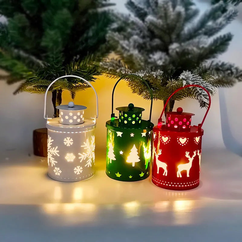 Green wrought iron electronic candle lantern with flickering LED light on a wooden mantel.