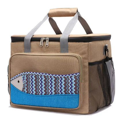 Fish pattern insulated cooler bag in various colors, perfect for outdoor picnics and lunches