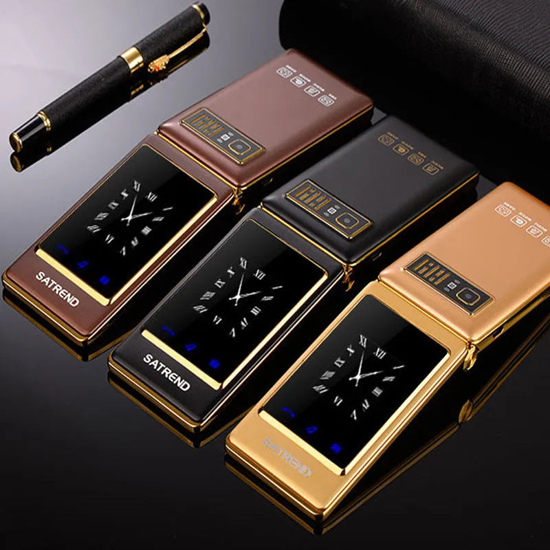 Black dual screen flip senior mobile phone showing internal touch display and external smaller screen