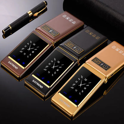 Black dual screen flip senior mobile phone showing internal touch display and external smaller screen