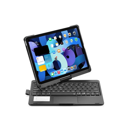 Rotating Bluetooth keyboard with backlight for iPad Pro and iPad Air tablets in black, silver, and rose gold.