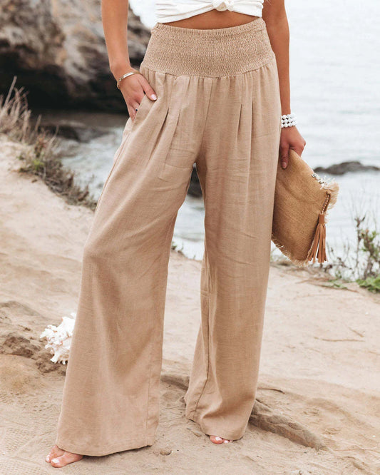 Women's wide leg casual pants in cotton linen blend, available in multiple colors