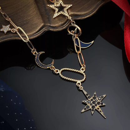 Copper-plated real gold star and moon rhinestone necklace for women