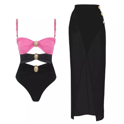 Women's one-piece swimsuit with round buckle decoration and hollow out stitching in various colors