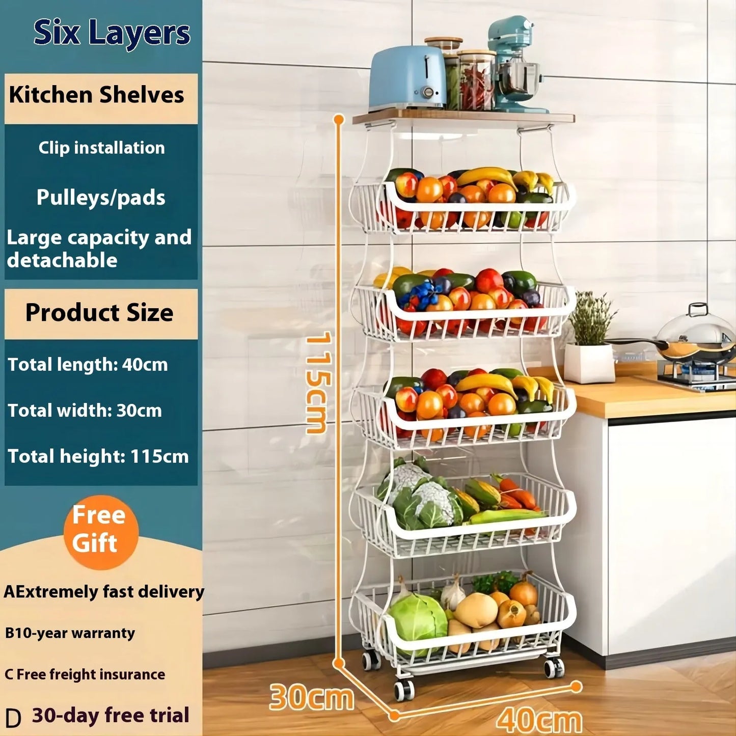 Black kitchen storage trolley with 6 shelves, carbon steel frame, and locking wheels on kitchen floor