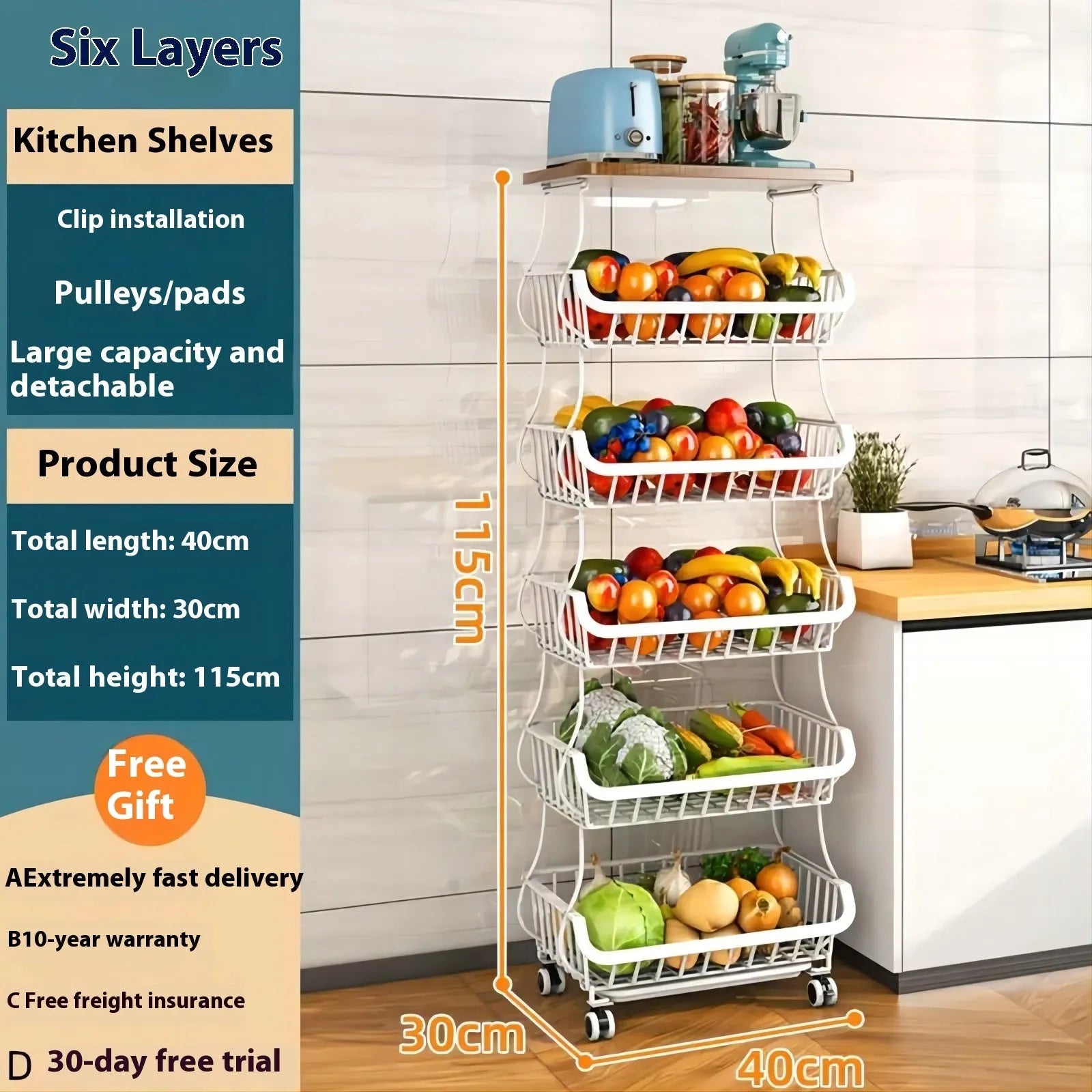 Black kitchen storage trolley with 6 shelves, carbon steel frame, and locking wheels on kitchen floor