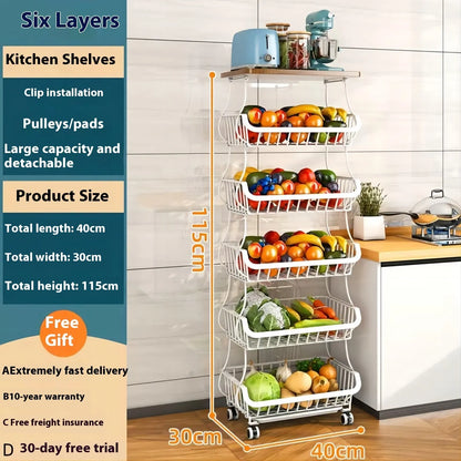 Black kitchen storage trolley with 6 shelves, carbon steel frame, and locking wheels on kitchen floor