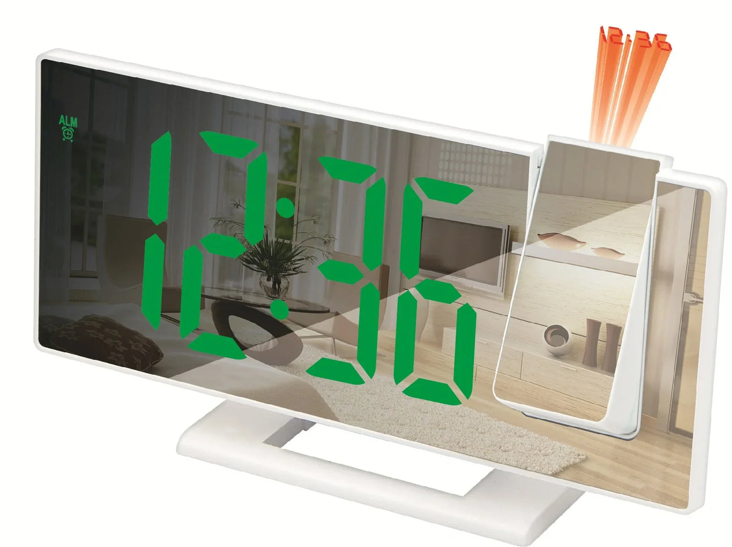 LED projection digital alarm clock with adjustable display showing time projection on ceiling