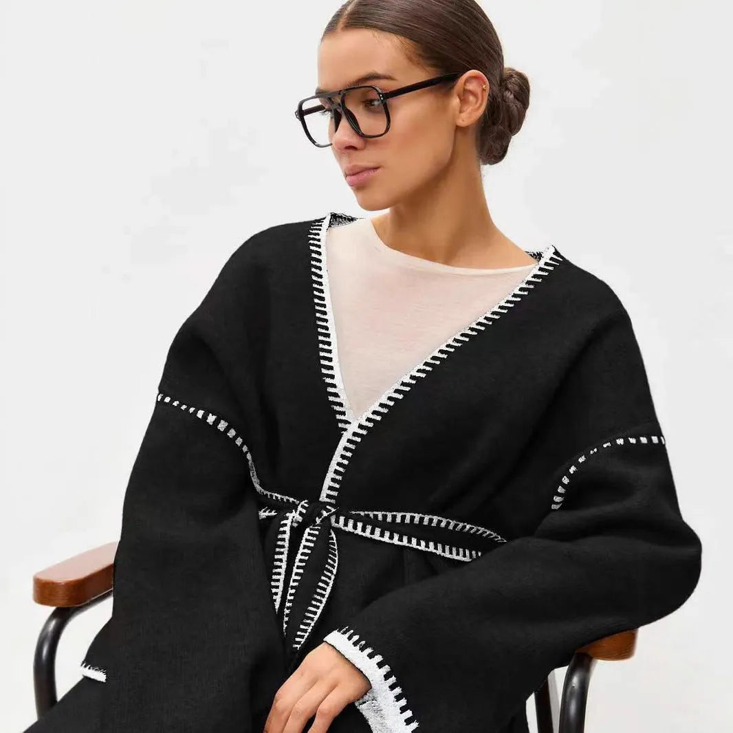 Lace-up knitted cardigan in camel colour with loose mid-length design and imitation cashmere fabric
