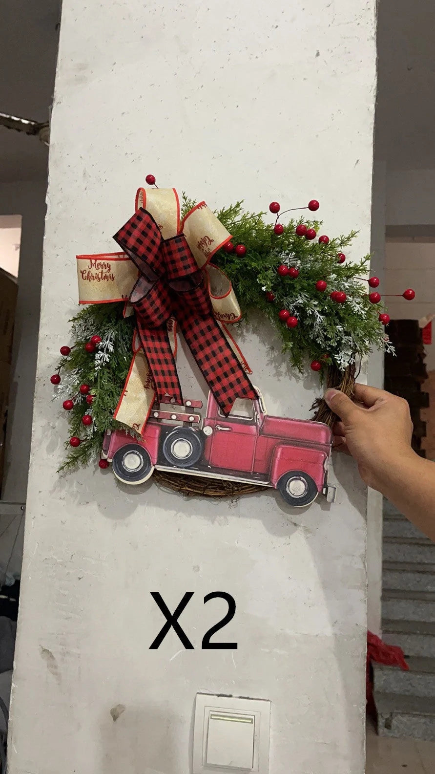 Red truck wooden Christmas garland with pumpkin accents for festive holiday decor