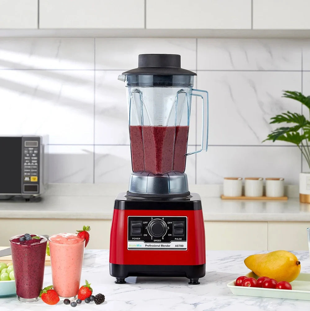 Red commercial blender with 2200W motor and 2L capacity for professional kitchen use