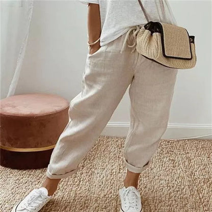 Women's cotton linen casual pants in solid colors, sizes S to 5XL