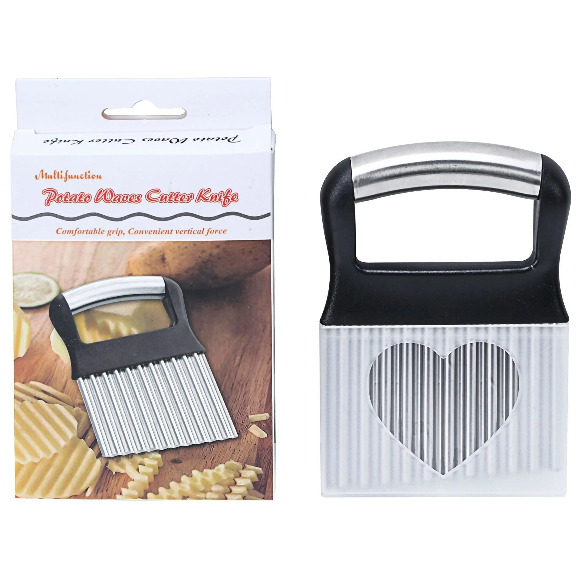 Stainless steel potato wave knife measuring 14x9cm with 8mm crinkle pattern for cutting uniform chips
