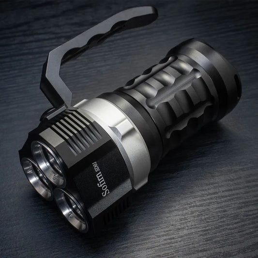 Aluminium alloy diving torch showing 18cm length with 350+ lumen output and waterproof construction