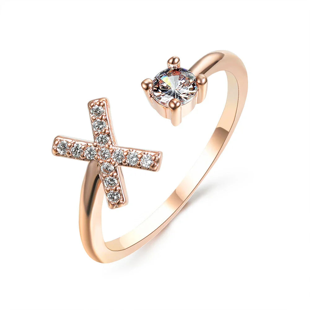 Personalized Initial Letter Adjustable Ring made of copper alloy and zircon, showcasing a vintage-inspired design